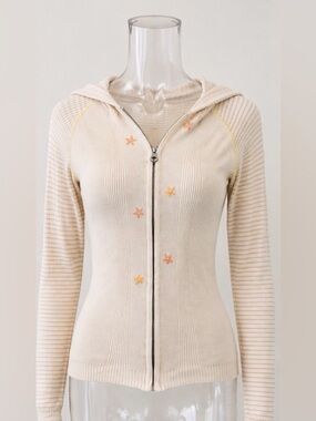 [Cousin Johnny] Cream Ribbed Silk Blend Zip Hoodie w/ Floral Embroidery Sz XS